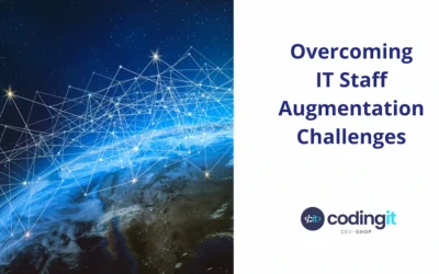A picture representing world connectivity on the left, a text that says “Overcoming IT Staff Augmentation” on the right, and the CodingIT logo below the latter