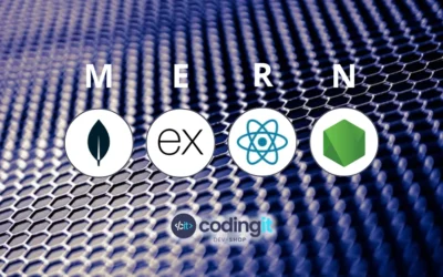 MongoDB, Express, React, and Node.js’ logos, a text that reads MERN, and the CodingIT logo below them