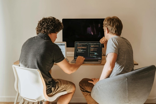 Two male software developers engaged in a collaborative coding session