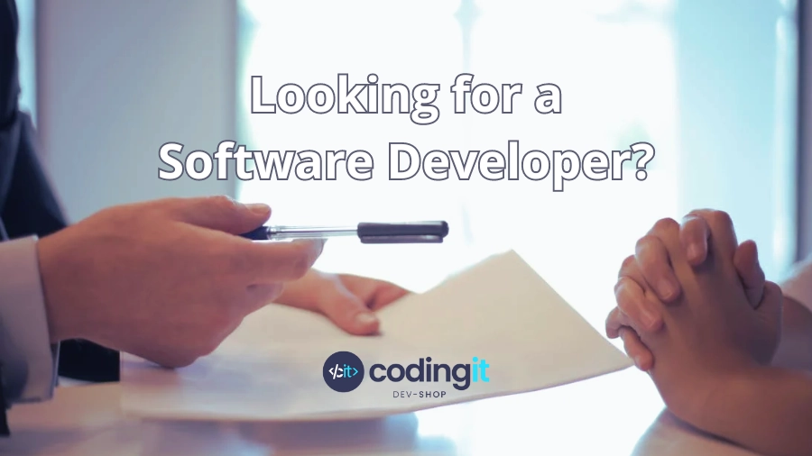 wo people in a job interview with a text that says “Looking for a Software Developer?” in the middle and the Coding IT logo under it