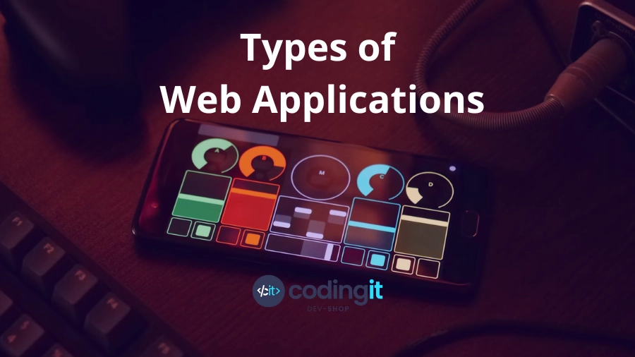 A picture of a mobile web application with text that says “Types of Web Applications” above it and the Coding IT logo under it