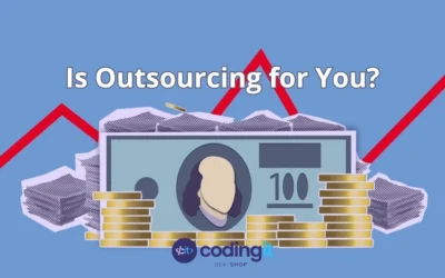 A rising red arrow with stacks of coins and a one hundred dollar bill in the foreground. The text reads "Is Outsourcing for You?" with the CodingIT logo at the bottom
