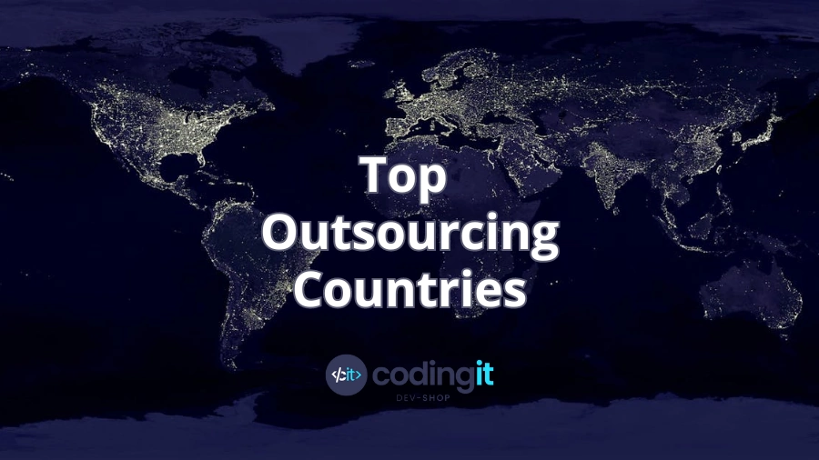 A world map lit up by city lights against a dark background with a text that says “Top Outsourcing Countries” at the center and CodingIT’s logo under it