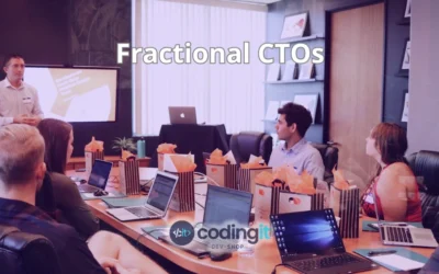 Group of professionals in a meeting led by a Fractional CTO, with a text that reads "Fractional CTOs" and CodingIT's logo displayed