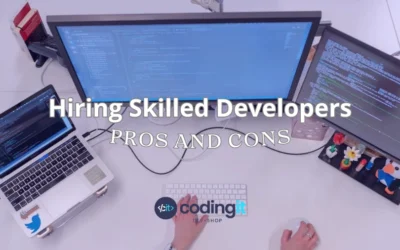 Overhead view of a developer's workspace, featuring the text “Hiring Skilled Developers: Pros and Cons” and the CodingIT logo