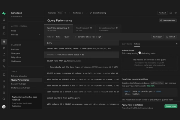 Supabase Query Performance dashboard showing query analysis, index recommendations, and performance metrics