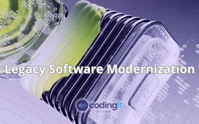 Abstract illustration of legacy software modernization with CodingIT logo