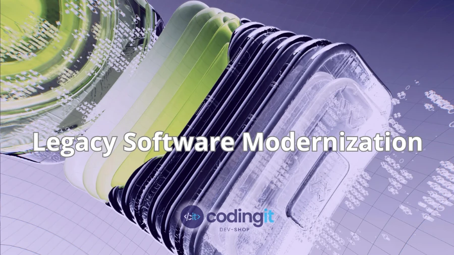 Abstract illustration of legacy software modernization with CodingIT logo