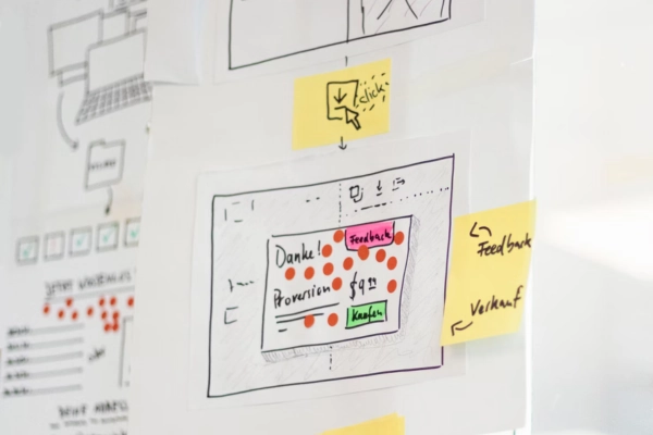 UX design sketches with sticky notes showing feedback and navigation flows