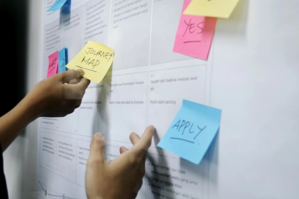 Hands placing sticky notes on a customer journey on a planning board