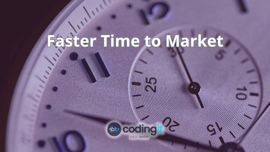 Close-up of a clock with the title “Faster Time to Market” and CodingIT’s logo at the bottom