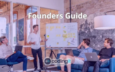 Group of founders collaborating in a modern office, reviewing sticky notes on a whiteboard, with the title “Founders Guide” and CodingIT logo displayed