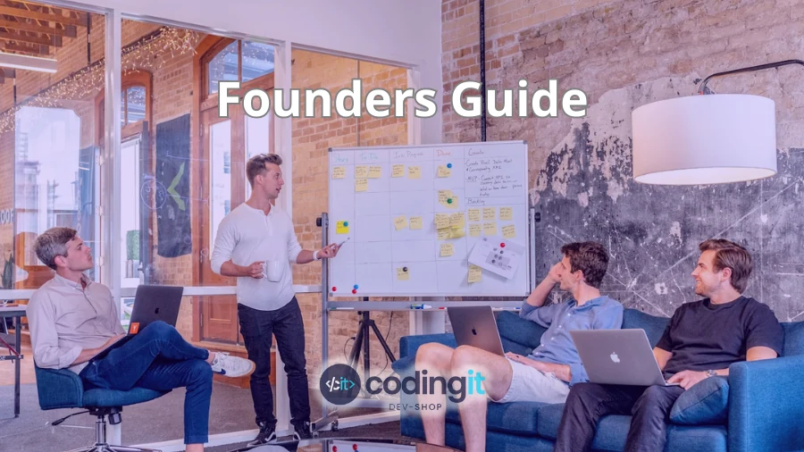 Group of founders collaborating in a modern office, reviewing sticky notes on a whiteboard, with the title “Founders Guide” and CodingIT logo displayed