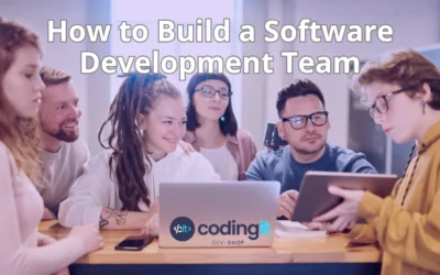 A software development team collaborating around a table. The image includes CodingIT’s logo and the title "How to Build a Software Development Team"