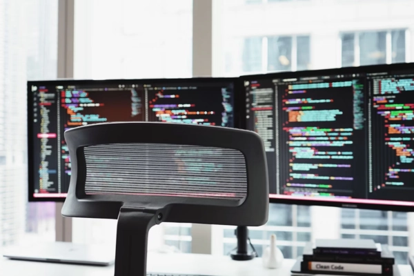 An Office chair in front of multiple monitors displaying code on a developer's desk