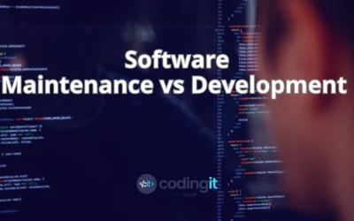 A developer coding on a screen with the text “Software Maintenance vs Development” over the image and CodingIT’s logo