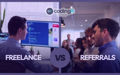 Split-screen image comparing two hiring methods: on the left, a person working at a computer representing Freelance, and on the right, a group of people in discussion symbolizing Referrals