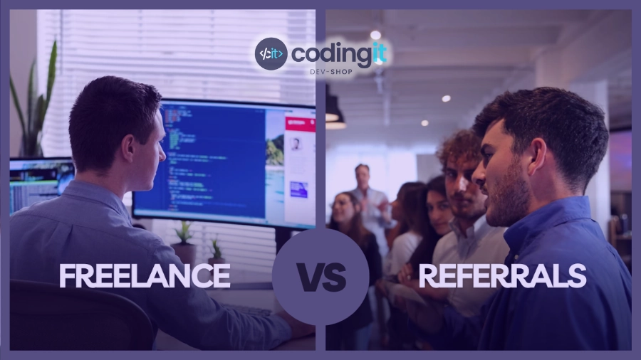 Split-screen image comparing two hiring methods: on the left, a person working at a computer representing Freelance, and on the right, a group of people in discussion symbolizing Referrals