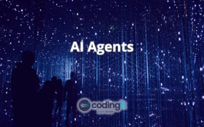 Silhouettes of people walking through a digital, futuristic landscape with the text 'AI Agents' and CodingIT logo