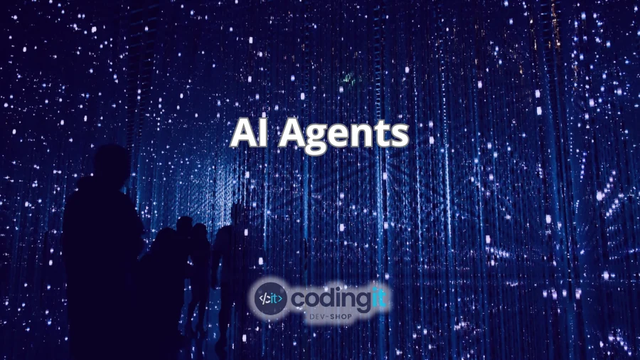 Silhouettes of people walking through a digital, futuristic landscape with the text 'AI Agents' and CodingIT logo