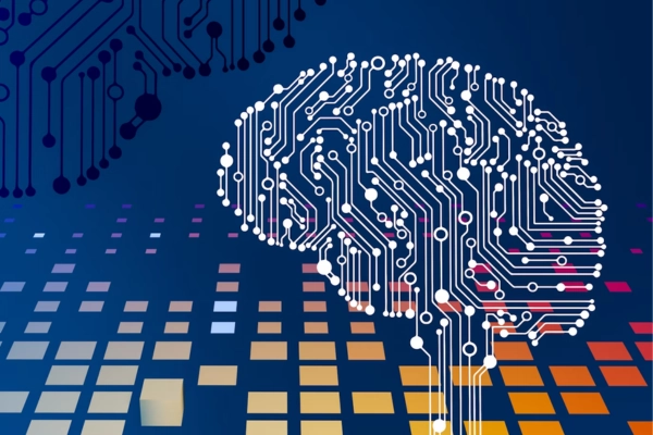 Digital representation of a brain formed by circuit-like connections and data blocks