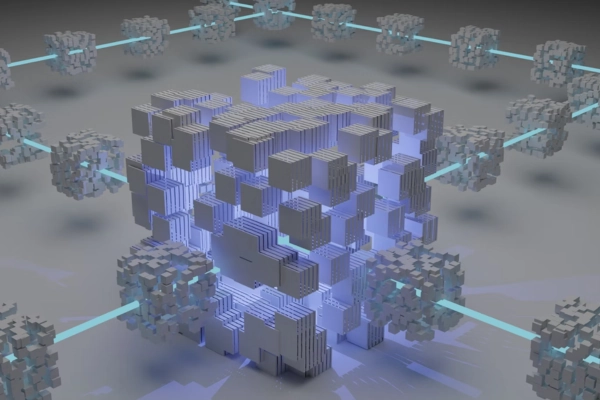 Abstract 3D illustration of a decentralized blockchain network with interconnected cubes