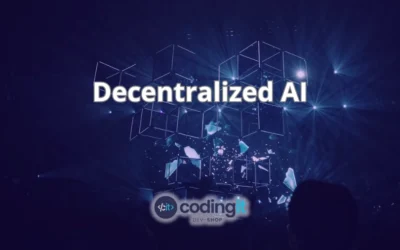 A futuristic grid of glowing cubes with the text “Decentralized AI” and the CodingIT logo