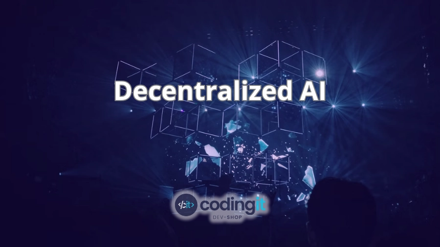 A futuristic grid of glowing cubes with the text “Decentralized AI” and the CodingIT logo