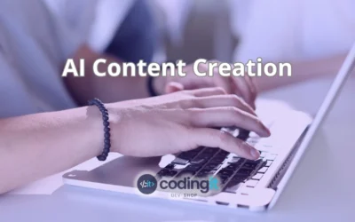 Close-up of hands typing on a laptop with “AI Content Creation” overlay and CodingIT branding