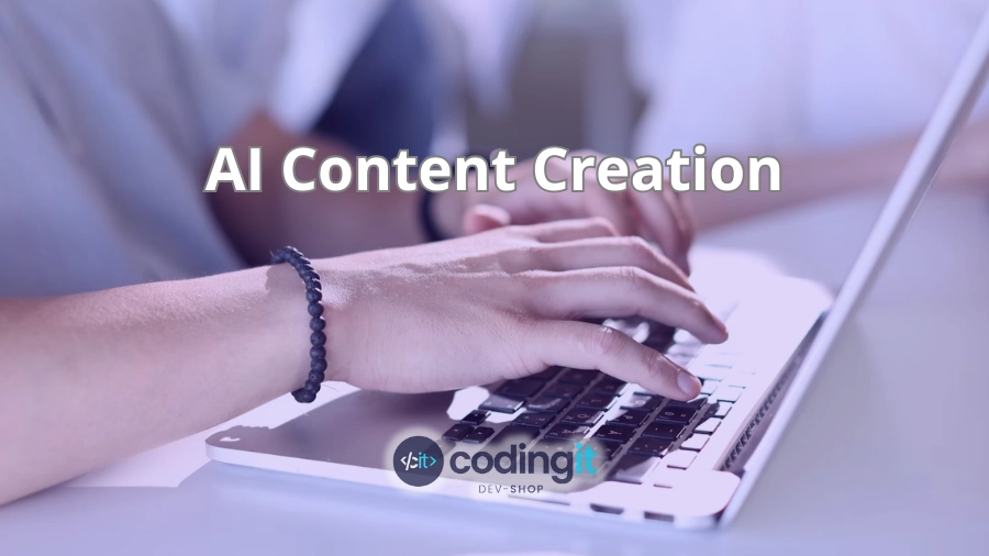 Close-up of hands typing on a laptop with “AI Content Creation” overlay and CodingIT branding