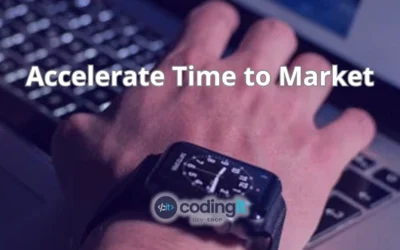 Close-up of a watch on a hand and a laptop with the text “Accelerate Time to Market” and CodingIT’s logo