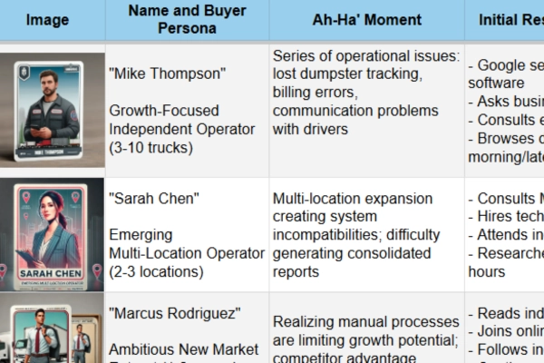 Buyer personas table showcasing user profiles, challenges, and initial research processes