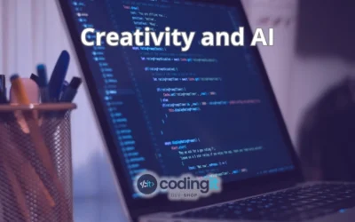 A laptop displaying code with the text "Creativity and AI" and the CodingIT logo in the foreground;