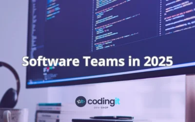 A computer monitor displaying code with the text "Software Teams in 2025" and a CodingIT's logo below