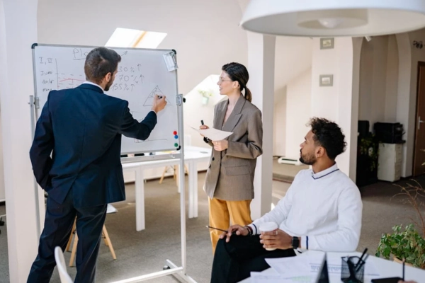 A team discussing ideas and strategies in front of a whiteboard during a brainstorming session