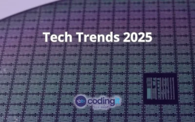 Tech Trends 2025 text over a semiconductor chip background with CodingIT’s logo