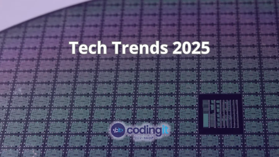 Tech Trends 2025 text over a semiconductor chip background with CodingIT’s logo