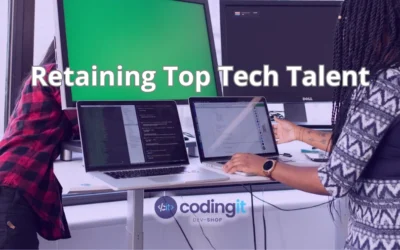 Two developers working at standing desks with laptops and large monitors with the title “Retaining Top Tech Talent” and CodingIT’s logo