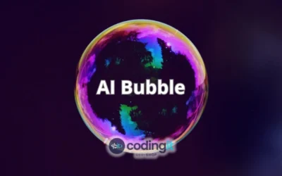 A colorful soap bubble with the text "AI Bubble" and the CodingIT logo, symbolizing AI market speculation