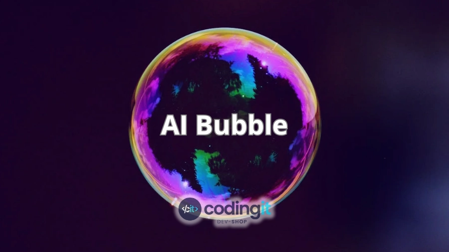 A colorful soap bubble with the text "AI Bubble" and the CodingIT logo, symbolizing AI market speculation