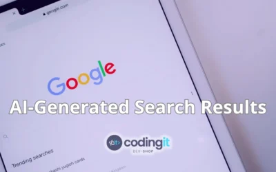 A tablet screen displaying Google search with the text "AI-Generated Search Results" and CodingIT’s logo overlaid