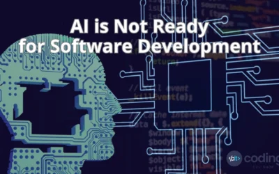 A digital illustration of an AI-generated circuit board forming a human head, with code in the background and the text "AI is Not Ready for Software Development"