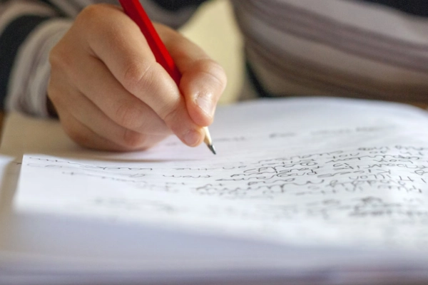 A close-up of a hand holding a red pencil, writing on a lined notebook