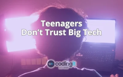 A teenager sitting in front of a bright computer screen with the text “Teenagers don’t trust Big Tech” and CodingIT’s logo