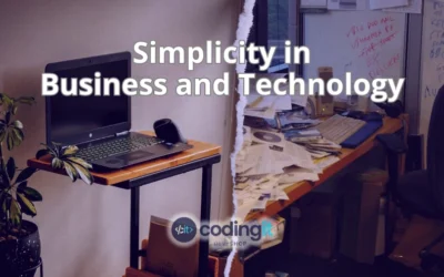 Comparison of a minimalist workspace and a cluttered desk, the text “Simplicity in business and technology” and CodingIT’s logo