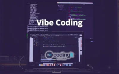 A dimly lit workspace with multiple screens showing lines of code, representing AI-assisted development and "vibe coding"