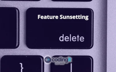 Keyboard delete key labeled with "Feature Sunsetting" and CodingIT logo