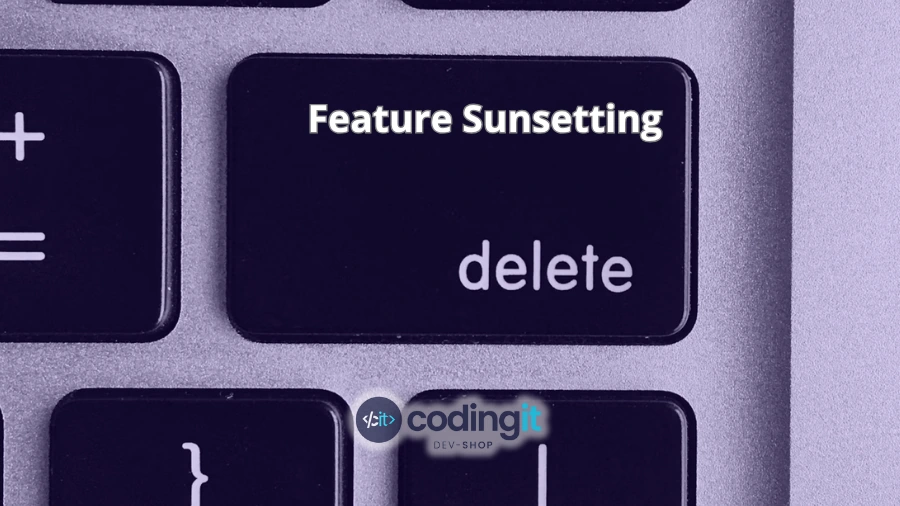 Keyboard delete key labeled with "Feature Sunsetting" and CodingIT logo