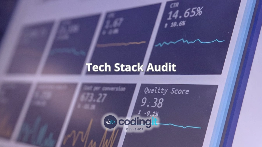 Dashboard with performance metrics, the title “Tech Stack Audit”, and CodingIT’s logo