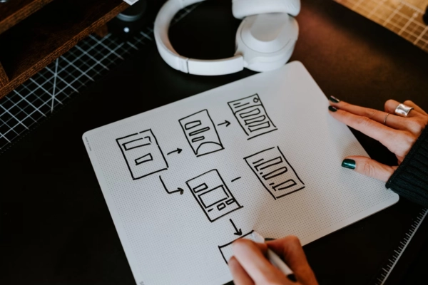 Person drawing website wireframes in a flow diagram